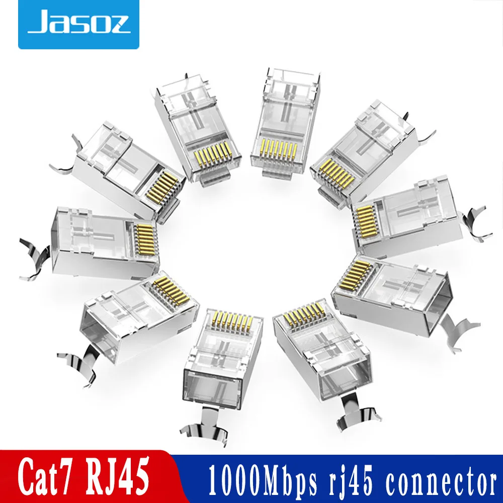 

Jasoz Cat7 RJ45 Connector Cat6/5e STP 8P8C Modular Ethernet Cable Head Plug Gold-plated for Network RJ 45 Crimper Connectors 100