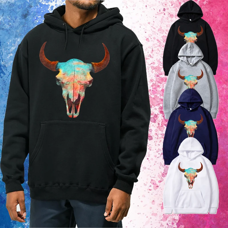 

2021 Men's Skull and Bull Head Print Hoodie Sports Daily Casual Men Autumn and Winter Tops Man Harajuku Large Hooded Hoodies