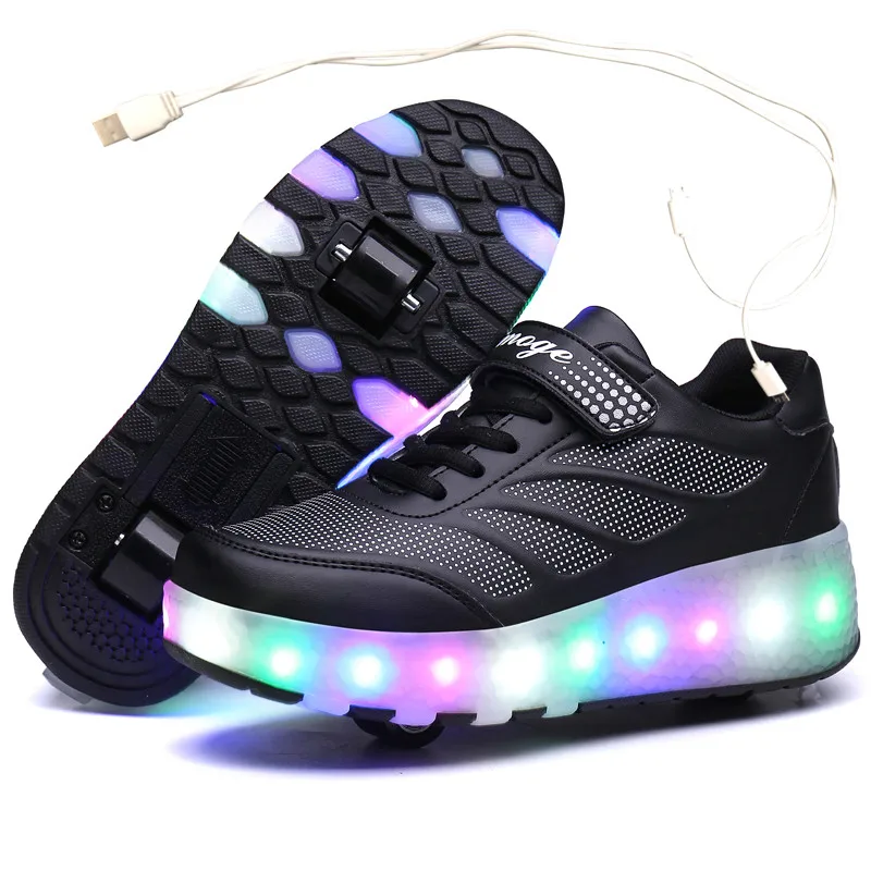 USB Charging Black Two Wheels Luminous Sneakers Led Light Roller Skate Shoes for Children Kids Led Shoes Boys Girls Shoes 28-43 6