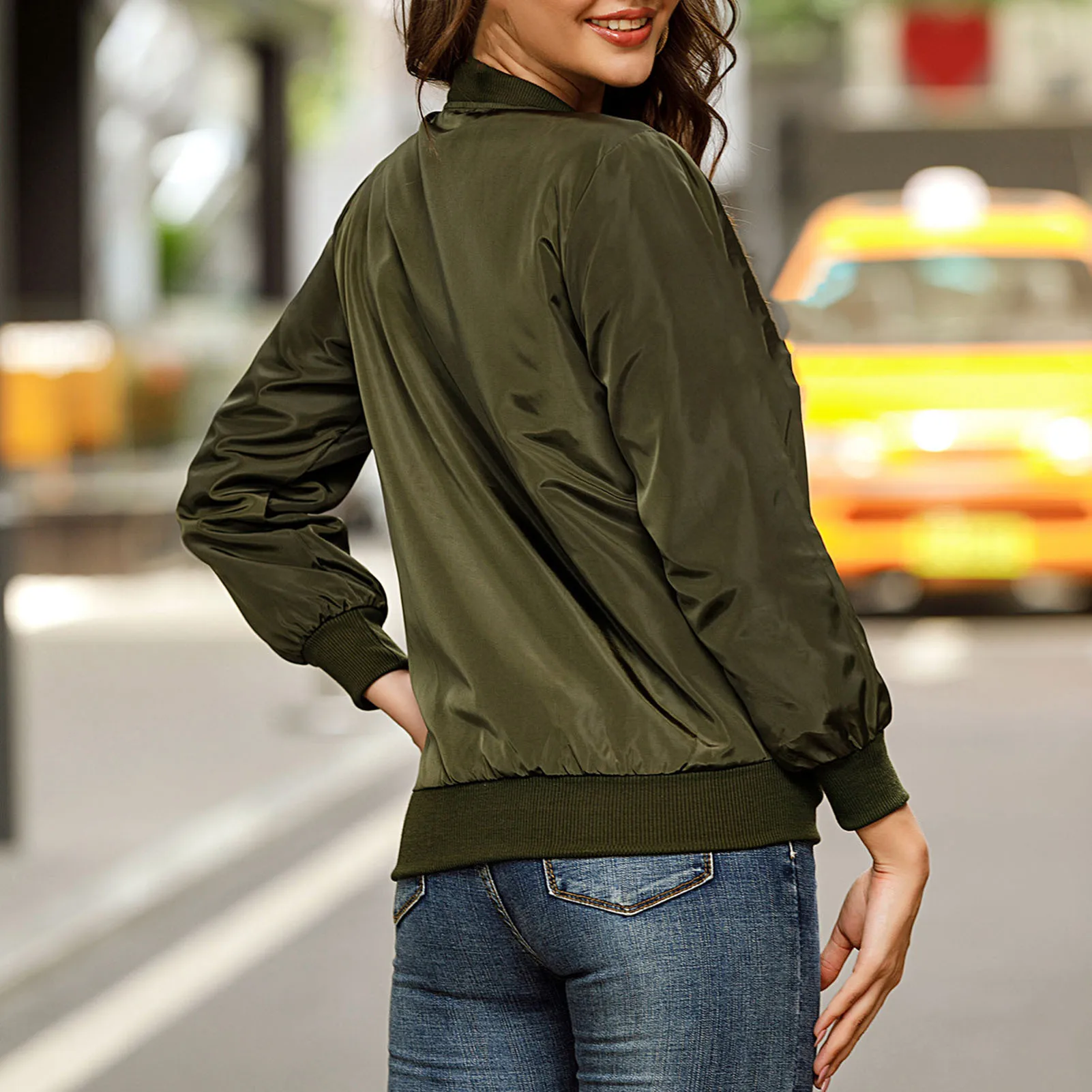 Olive Green Women Varsity Bomber Jacket