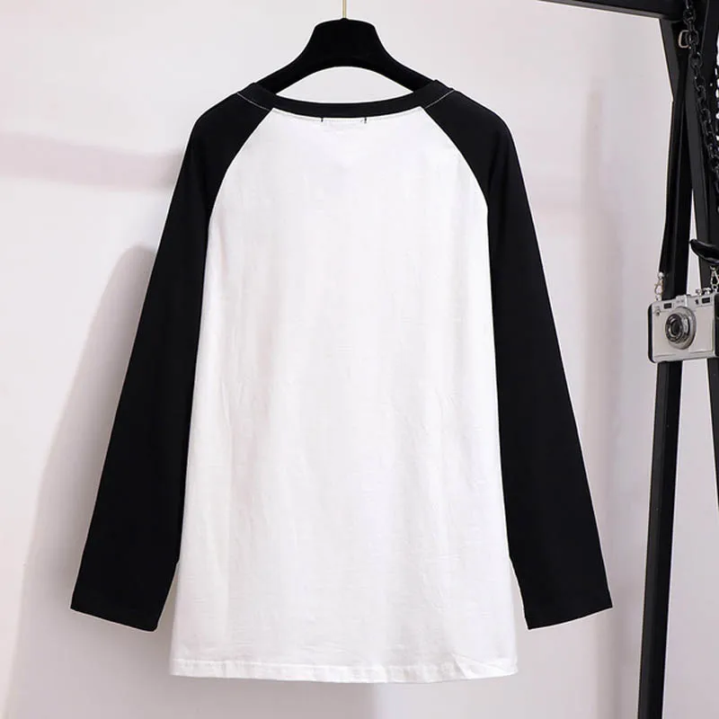 Осенняя женская футболка, большие размеры, обхват груди 149 см, 5XL, 6XL, 7XL, 8XL, 9XL, футболка с круглым вырезом, женская футболка с длинным рукавом, цвета: черный, розовый