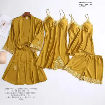 

Lace Appliques Robe Set Women 4PCS Sleepwear Summer Sleep Set Satin Bathrobe Nighty&Robe Suit Soft Kimono Gown Homewear