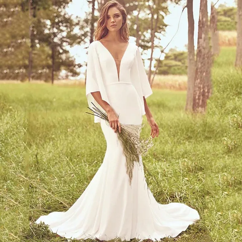 Batwing Sleeve Wedding Dress 2020 Ivory Trumpet Mermaid Wedding Dress Bride Dress Belt Chapel Train 34 Sleeve Weeding Gowns (4)