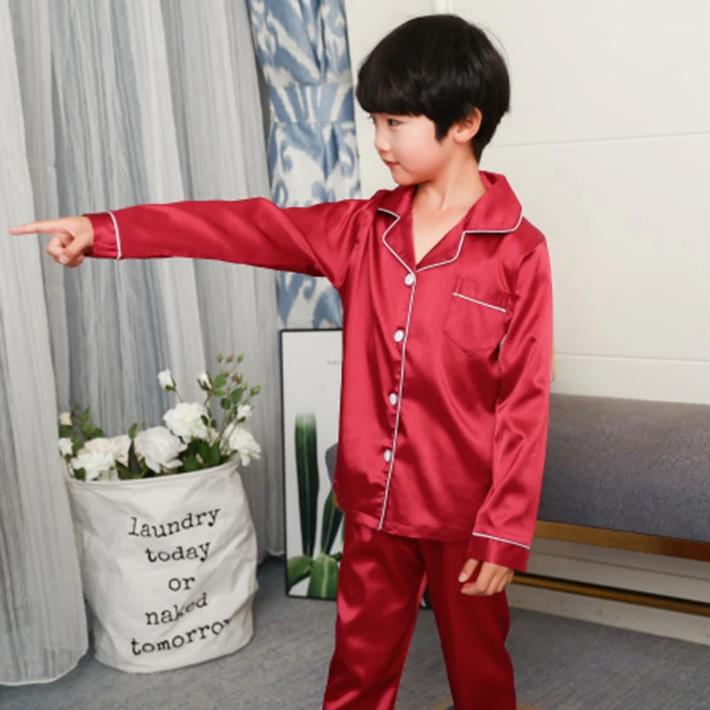 Childrens Boys Girls Ice Silk Pajamas Cardigan Long-sleeved Sleepwear Nightgown