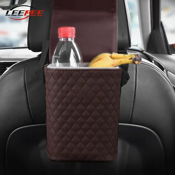

LEEPEE Car Accessories Hanging PU Leather Trash Can With Plastic Bucket Garbage Storage Box Trash Bin Dustbin Auto Organizer