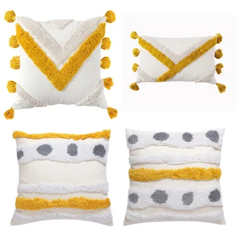 

Yellow/grey series geometric jacquard sofa cushion cover with tassel 30x50/45x45cm plaid embroidered pillowcase decor home seat