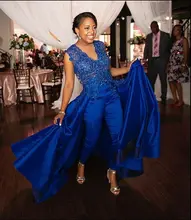 

Royal Blue Lace Stain Evening Dresses with Jumpsuit 2020 Beaded Jewel Neck African Black Girls Occasion Prom Pant Suit