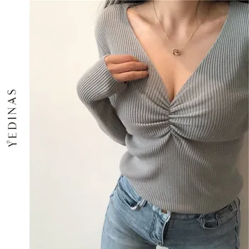 

Yedinas Sexy Deep V-neck Sweater Women Solid Pullover Autumn 2020 Slim Sweater Korean Style Off Shoulder Sweater Chic Knit Tops