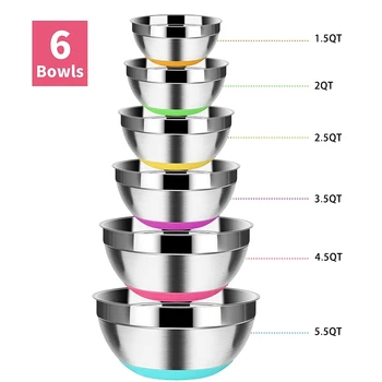 

6Pcs Mixing Bowls Stainless Steel Salad Pots Food Storage Kitchen Bowls for Cooking Baking (1.5/2/2.5/3.5/4.5/5.5QT)