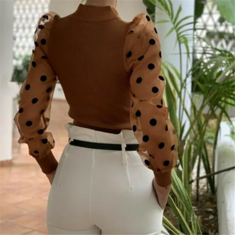 Turtleneck Knitted Polka Dot Puff Long Sleeve Blouse Women Mesh Sheer See-through Shirt Elegant Ladies Slim Tops Blusa Femme