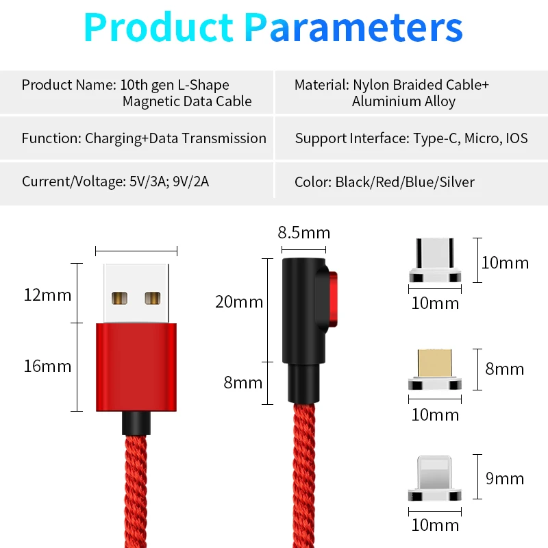 90 градусов 3A Магнитный кабель Micro USB кабель type C кабель передачи данных для быстрой зарядки для iPhone XS MAX XR SAMSUNG S10 Plus S9+ S8 Note 9