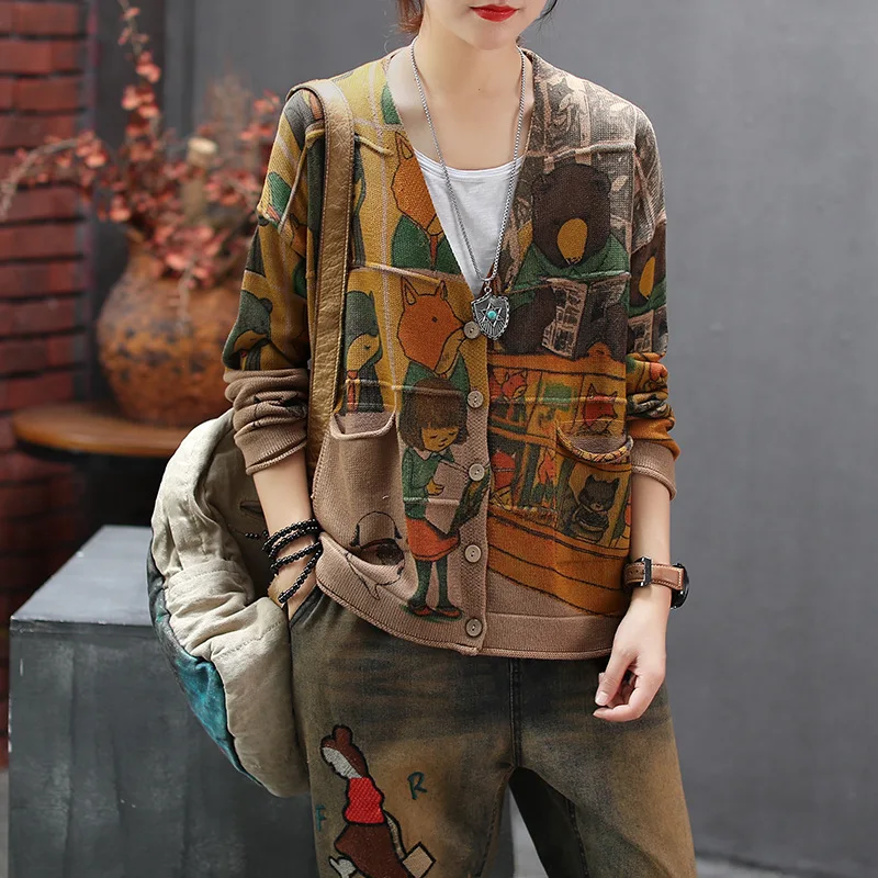 Autumn Sweater Jackets Women Loose Knitting Casual Tops Coat 2019 New Female Retro Cardigan Long-sleeved Print |