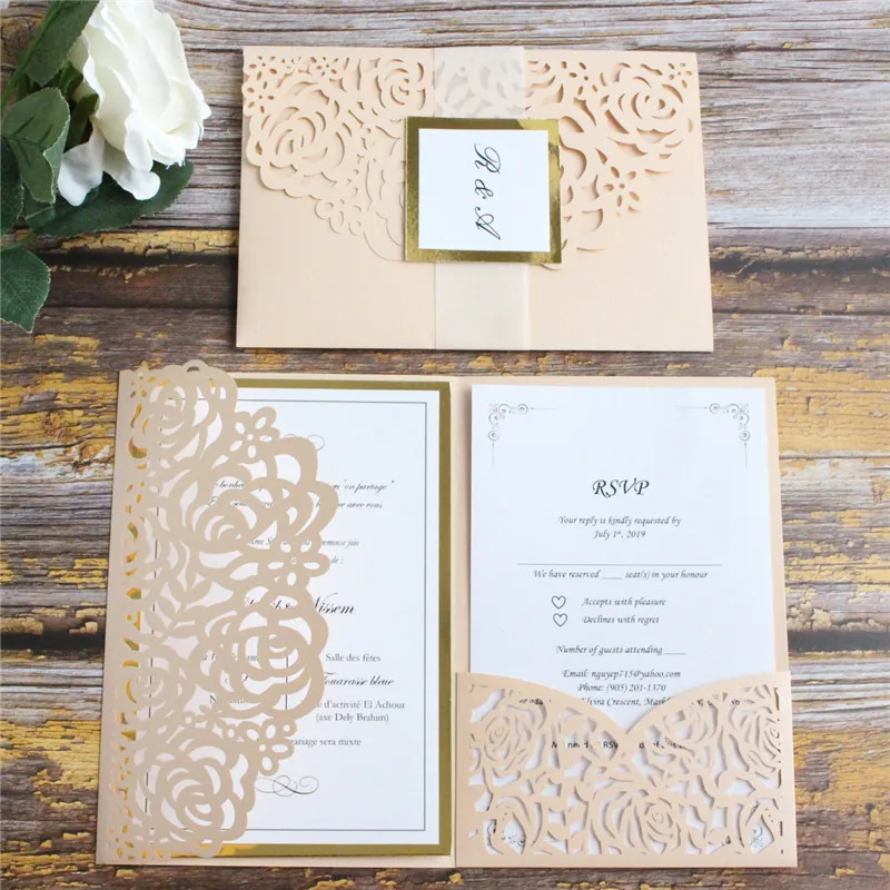 

Luxury party invitation nude pink laser cut tri-floding pocket metallic gold border belly custom printing