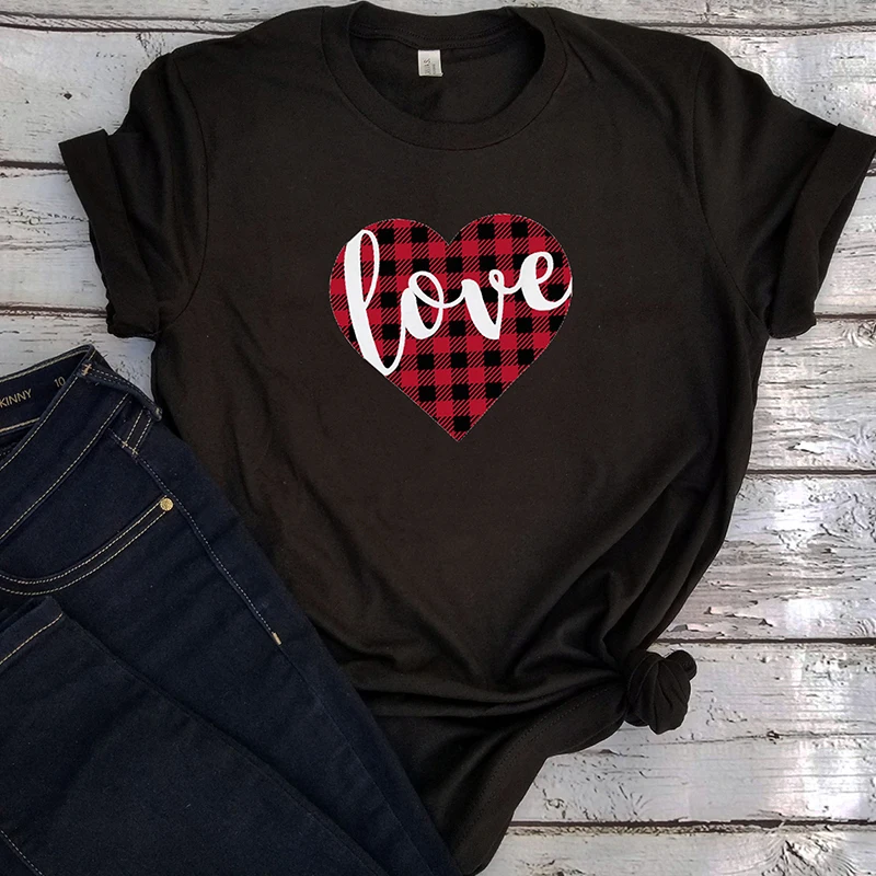 Love Heart красная клетчатая футболка Женские винтажные повседневные топы с принтом Рождество плюс женская уличная одежда 90s Графические футболки