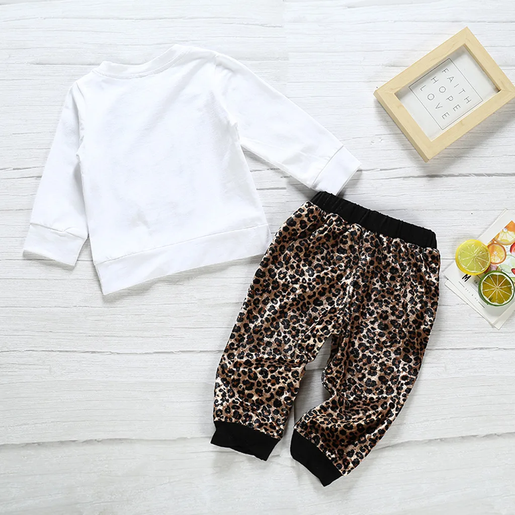Детская одежда осенне-зимняя повседневная одежда футболка с леопардовым принтом для маленьких девочек топы, штаны, комплект одежды