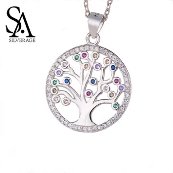 

SA SILVERAGE Mosaic Round Pendant S925 European and American New Female Sterling Silver Tree of Life Pendant Necklace Platinum