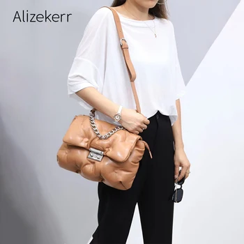 

Cotton Down Feather Fold Messenger Bag 2020 Winter New Korean Soft PU Thread Handbag High Quality Fashion Chain Tote Bag Casual