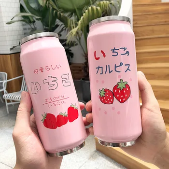 

500ml Cute Strawberry Girly Insulated Water Bottle Stainless Steel Portable Wide Mouth Can Water Cup Travel Thermos Bottles