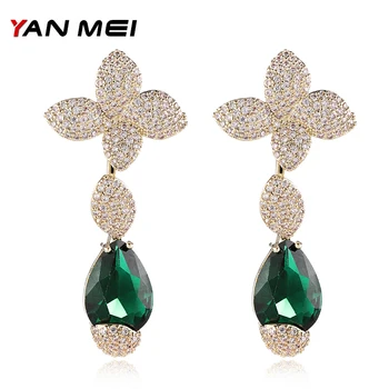 

YANMEI Rhinestone Flower Shape Dangle Earrings For Women CZ Two Levels Elegant Plant Earring Fashion Jewelry Gift YME9