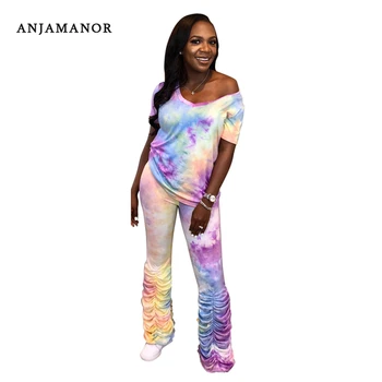 

ANJAMANOR Tie Dye 2 Piece Sets Womens Outfits Summer 2020 Casual Lounge Wear T Shirt Stacked Pants Matching Sets D60-AH58