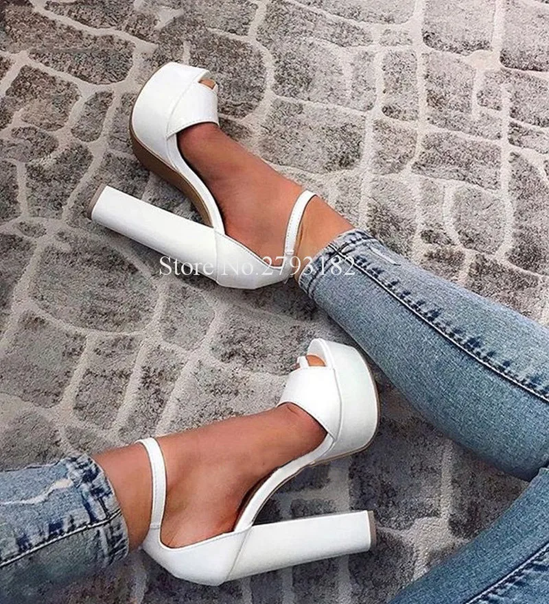 

Women Fashion Open Toe Peep Toe High Platform Chunky Heel Sandals White Suede Ankle Strap Thick High Heel Sadnals Big Size Shoes