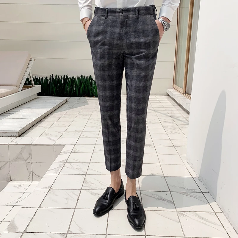 Suit pants summer men's slim plaid pants men's fashion plaid stretch  feet trousers men's business casual nine points pants