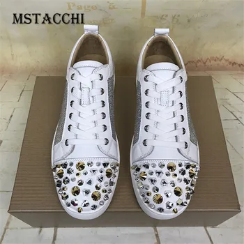 

MStacchi Mature Genuine Leather Men's Casual Shoes Novelty Rhinestone Rivet Solid Color Cross-tied Breathable Male Jogging Shoes