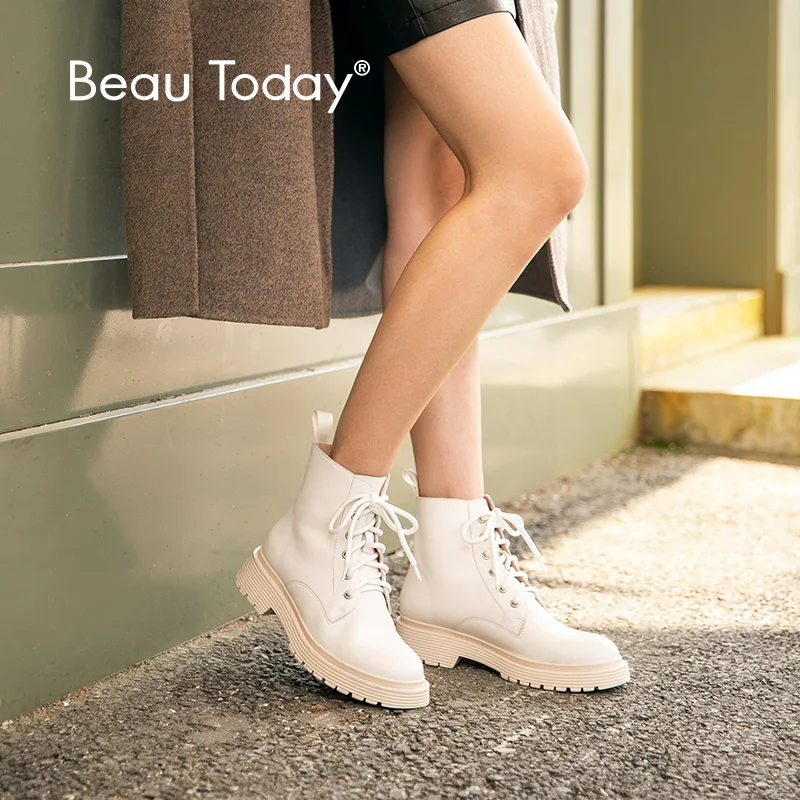 Ceny BeauToday kostki buty damskie oryginalne skóra bydlęca krzyż wiązane na okrągłe Toe Lady moda buty zimowe buty na koturnie Handmade 03429