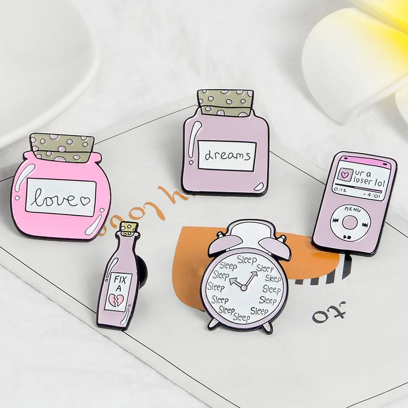

Love Series Can Bottle Enamel Pin Sleeping clock U r a loser Machine Brooch Denim Jeans shirt bag Gift for friends