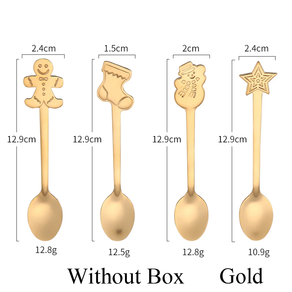 Gold without box 1/4 шт./компл. Рождественская посуда Кофе нержавеющая сталь для ложек десерты мороженое ложкой рождественским снеговиком детская питьевая ложки для чая - Цвет: Gold without box