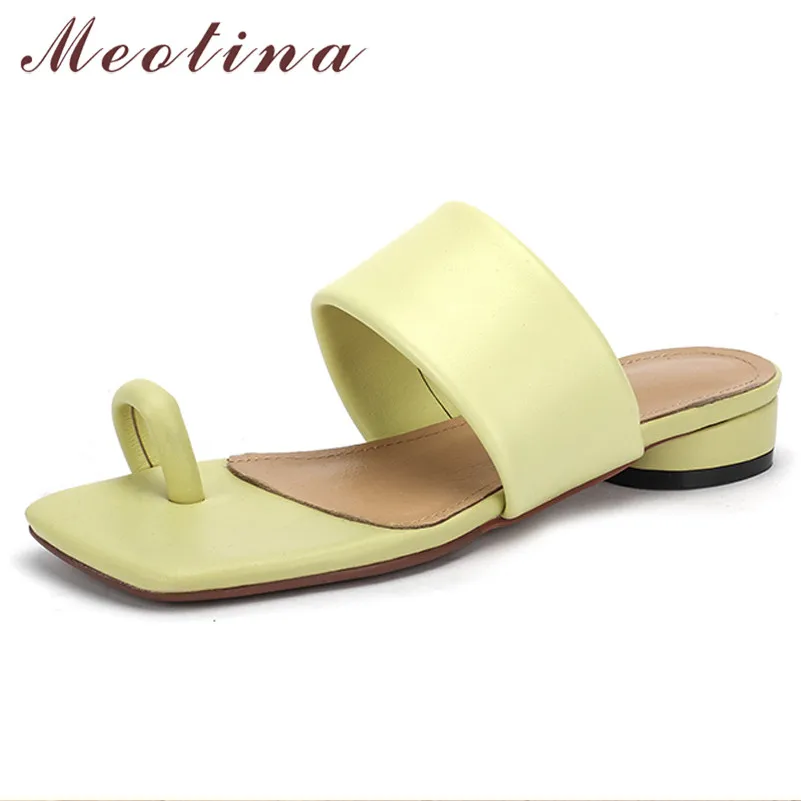 

Meotina Flip Flops Natural Genuine Leather Low Heel Slippers Square Toe Block Heel Ladies Sandal Summer Casual Women Shoes New