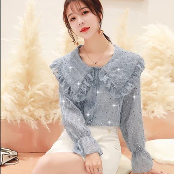 

COIGARSAM Cute Chiffon Lace blouse women New blusas womens tops and blouses White Light Blue 6013
