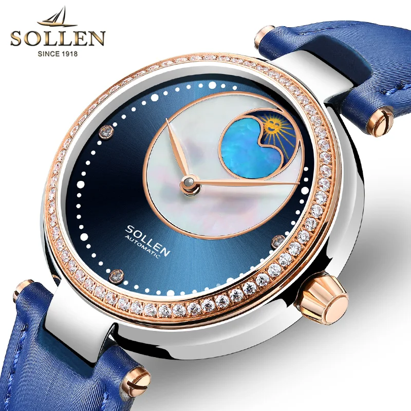 Svizzera Luxury Brand Sollen Orologi Meccanici Automatici Da Donna Orologio In Zaffiro Con Fasi Lunari In Pelle Di Diamante Impermeabile Sl410