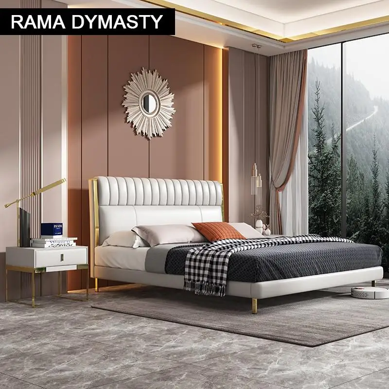 RAMA DYMASTY genuine leather soft bed modern design bed/ fashion king/queen size bedroom furniture