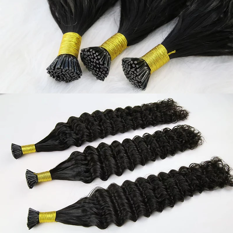 High Quality Chineae Deep Wave I Tip Micro links Hair Extensions Afro Kinky Straight Human Hair 100% Raw Virgin For Women