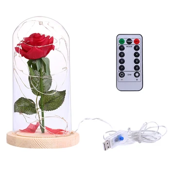 

Valentine's Day Artificial Red Rose Flower LED String Light With Glass Cover Remote Control Mother's Day Gifts Wedding Decor