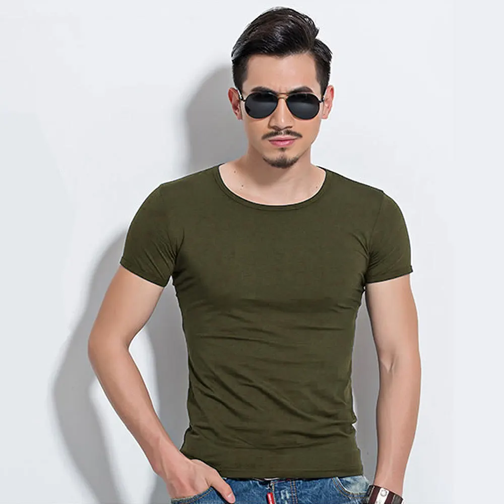 Мужская футболка из лайкры, футболка с коротким рукавом и круглым вырезом, тонкая Однотонная футболка с коротким рукавом MRMT - Цвет: O Army green