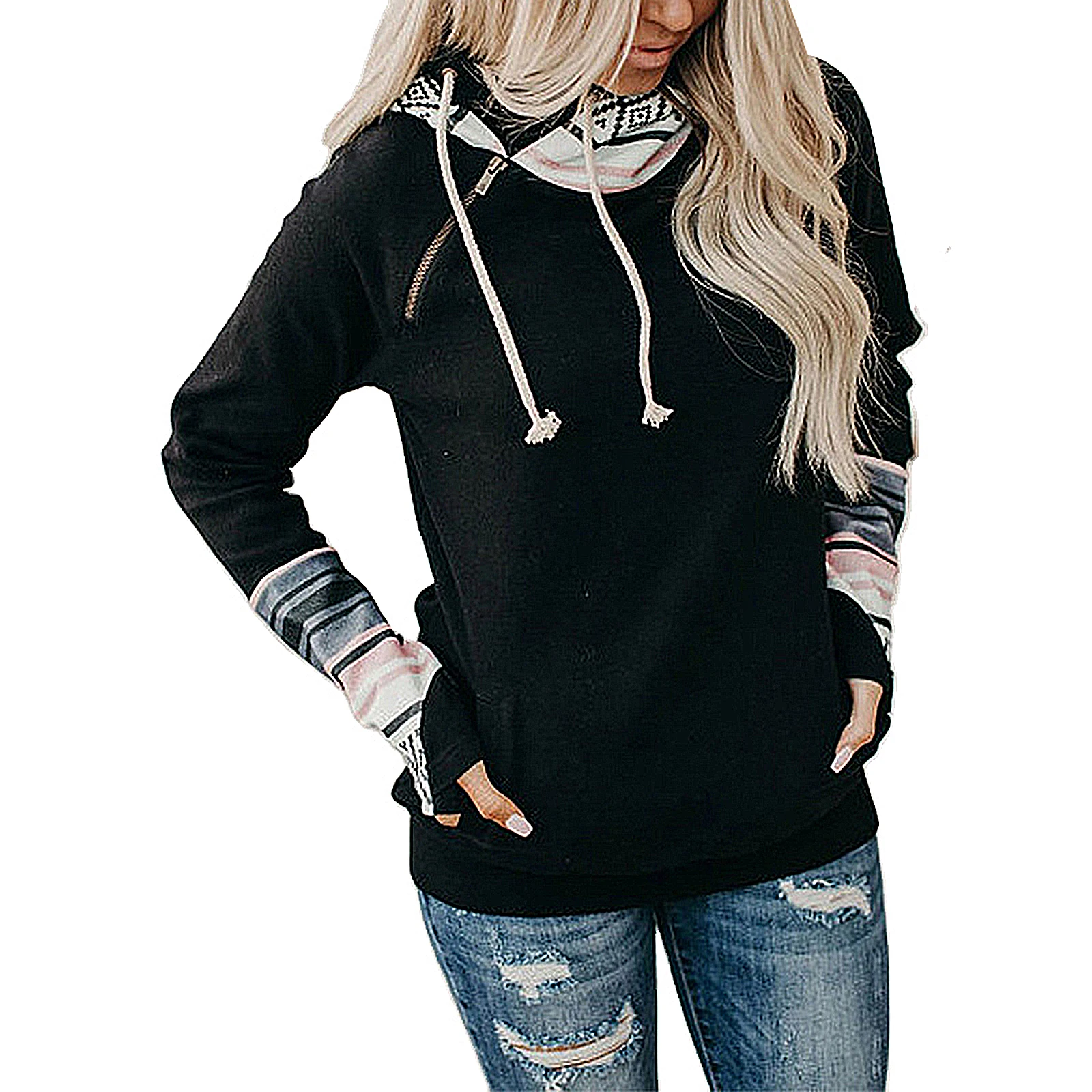 

Women Striped Hoodies Autumn and Winter Adults Long Sleeve Sweater with Pocket Drawstring
