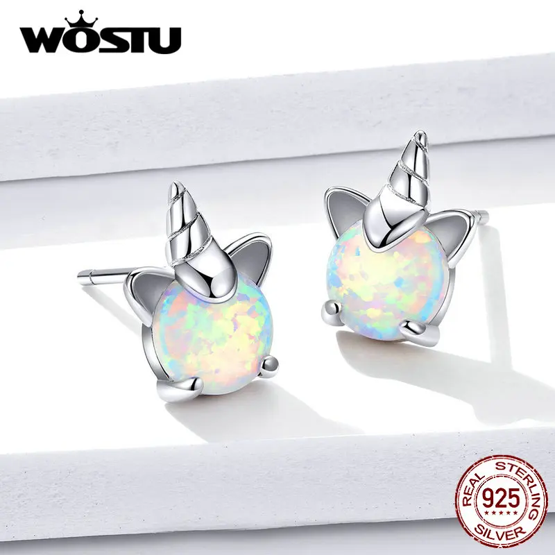 Женские серьги гвоздики WOSTU Licorne с единорогом 100% Стерлинговое Серебро 925 пробы