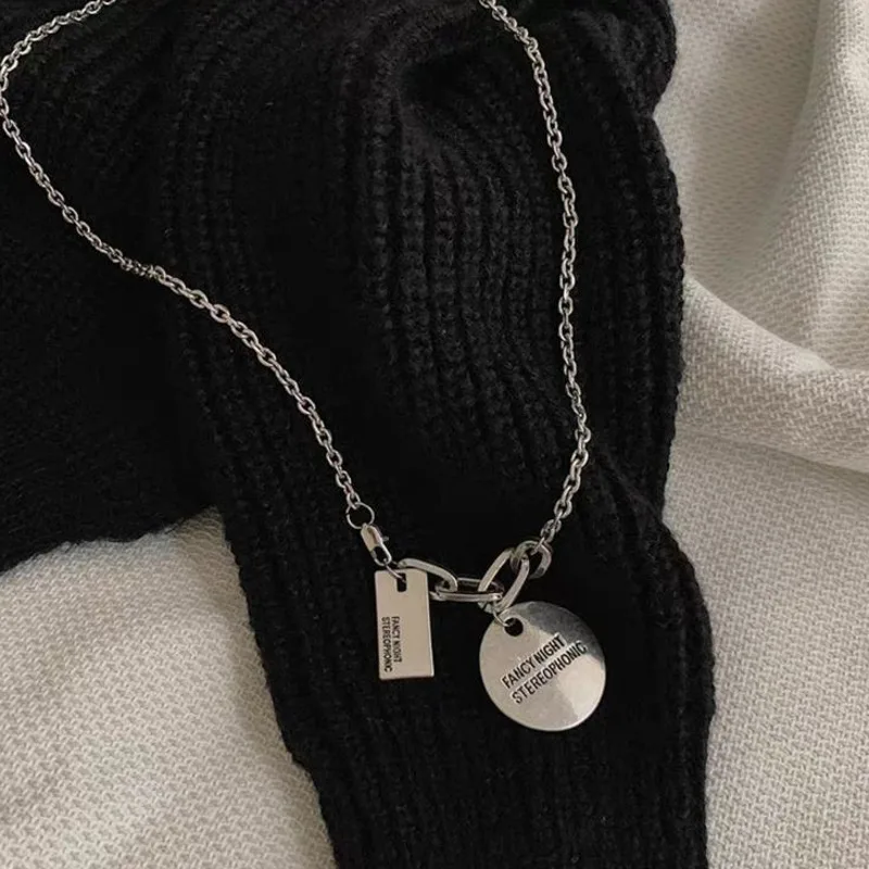 

Harajuku Hip Hop Geometry Round Pendant Necklace Letter Engraving 2019 korean style men long Chain Couple Street Jewelry