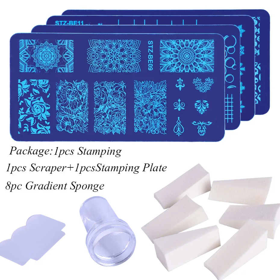 1 Set Nail Stamping Plates With Leaf Flowers Geometry Clear Jelly Silicone Stamper Scraper Sponge for Nail Polish Template LE804