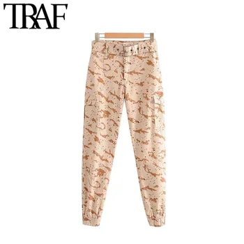 

TRAF Women Vintage Stylish With Belt Camouflage Jogging Pants Fashion Zipper Fly Pockets Female Ankle Trousers Pantalones Mujer