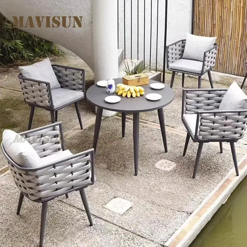 Leisure Simple Designer Modern Outdoor Marble Table And Rattan Chair Waterproof Courtyard Recliner Furniture Combination