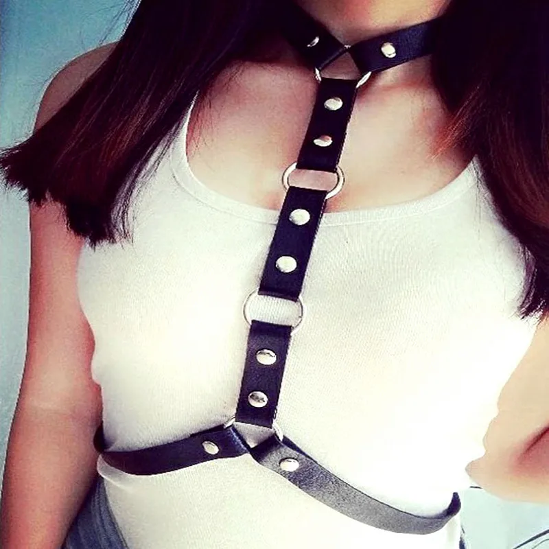

Europe And America Origional PU Leather Belly Belt Neck Ring Hip Hop Nightclub Bound O Sexy Suspender Strap Necklace One-piece