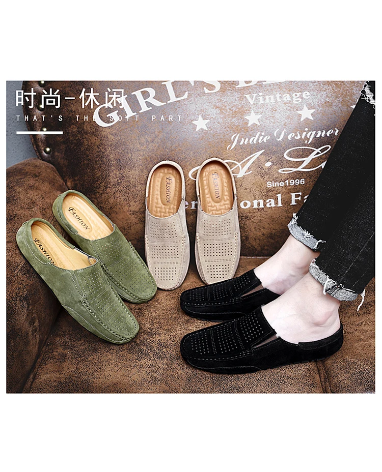Man Summer Fashion Pig Skin Casual Half Shoe Male Breathable Soft Backless Half Loafers Hombre Open Back Leather Comfy Mocassins