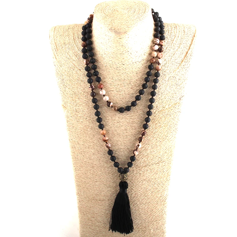 Fashion Bohemian Tribal Jewelry 108 Beads Necklace 8MM Natural Stone Tassel Yoga Necklace For Women Lariat Necklaces
