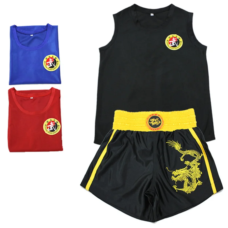 

USHINE Kick Boxing Uniforms Tank + MMA Muay Thai Boxing Suits Man Sanda Shorts Kungfu Wushu Suits Kids Boxing Wushu Clothes