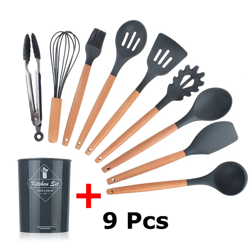 9 pcs With Bucket 8-11 шт. антипригарные кухонные принадлежности из силикона набор деревянная лопатка Черпак токарный скребок для супа паста яиц кухонные инструменты - Цвет: 9 pcs With Bucket