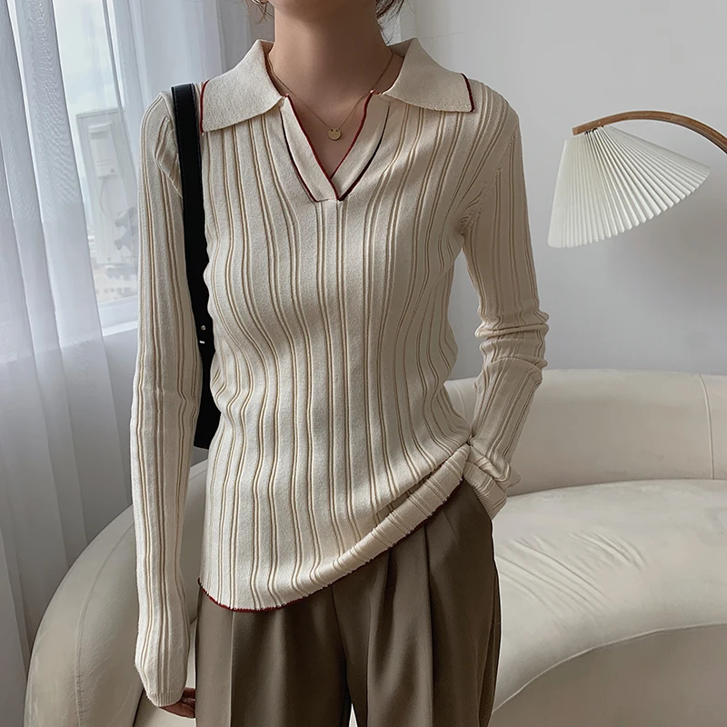 

Full Sleeve Striped Jumpers Knitwear Tops Ladies Stylish Turn-down Collar Women Autumn Stretched Female Slim Sweaters vs501