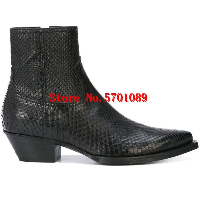 

Man Paris Lukas Boots Python Skin Effect Black Leather Pointed Toe Side Zip Pull Tab Stacked Heel Lukas Boots Shoes